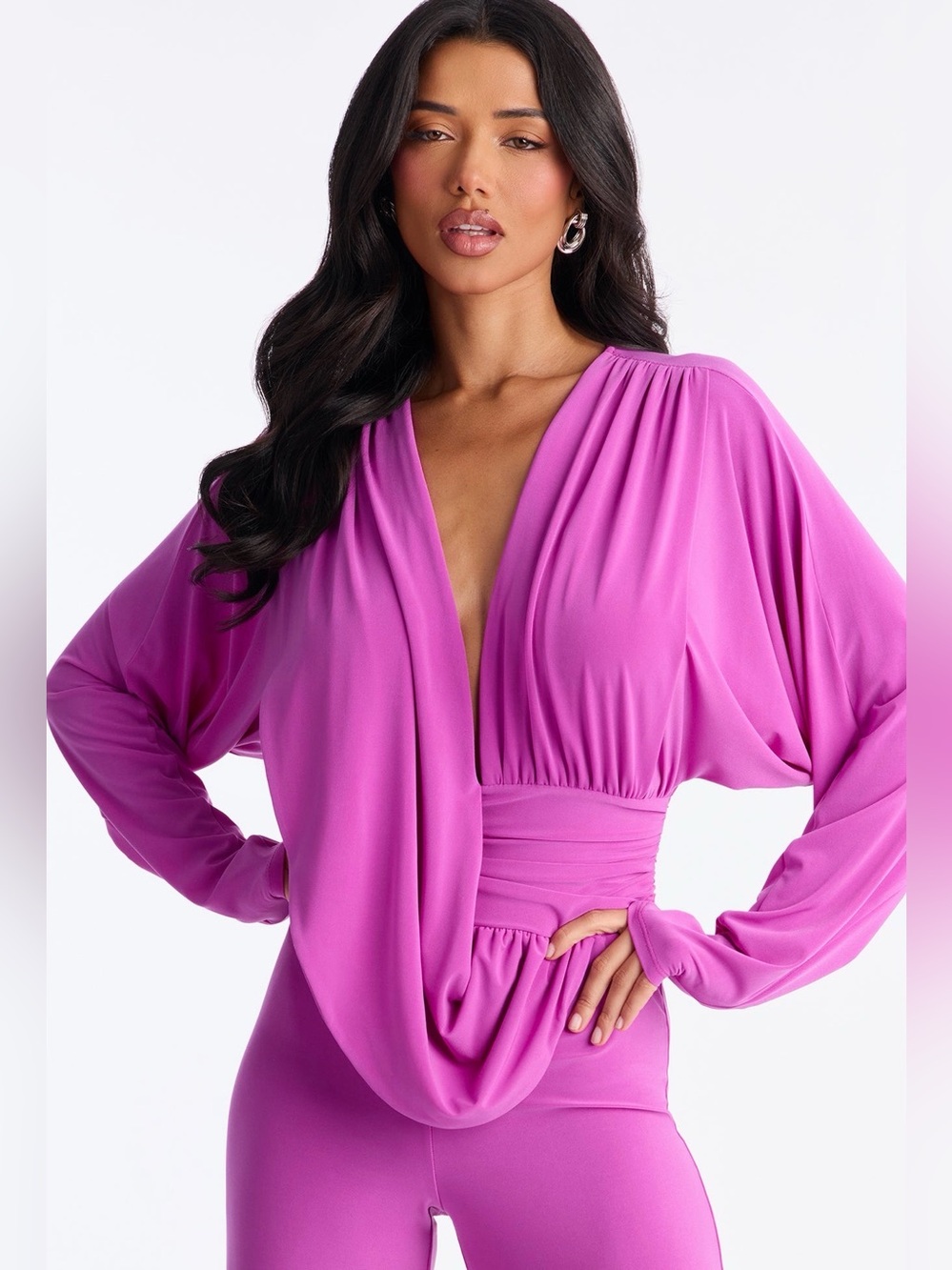 Fashion Nova Fuchsia Draped V-Neck Wide-Leg Jumpsuit XL - Picture 2 of 3